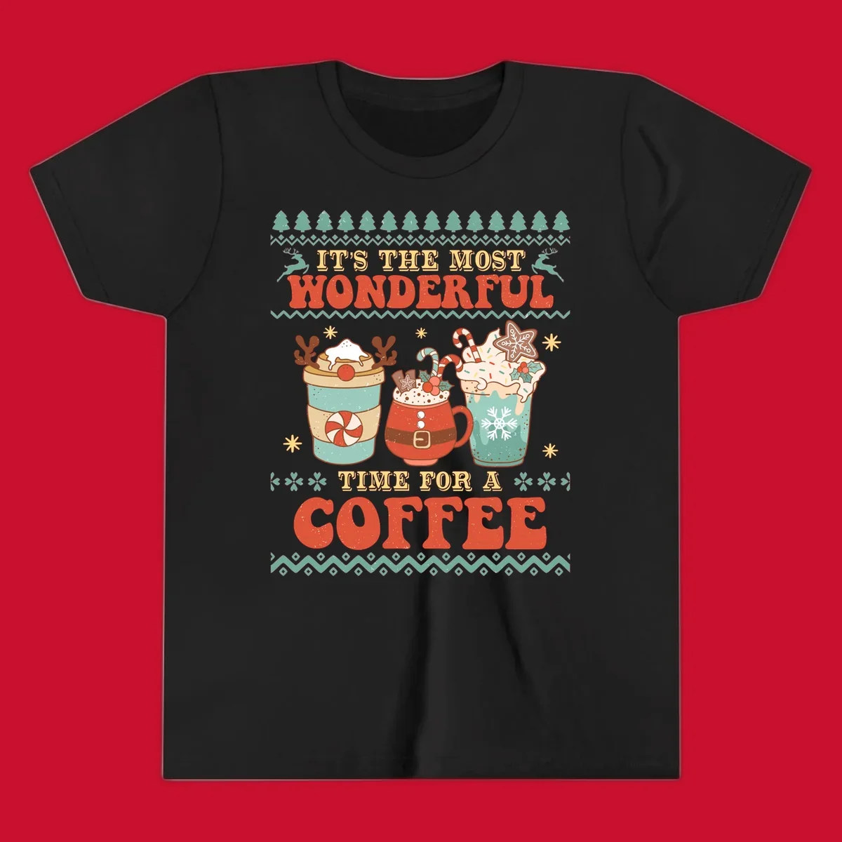 Christmas coffee time design with retro text and festive drinks. Holiday ugly sweater pattern.