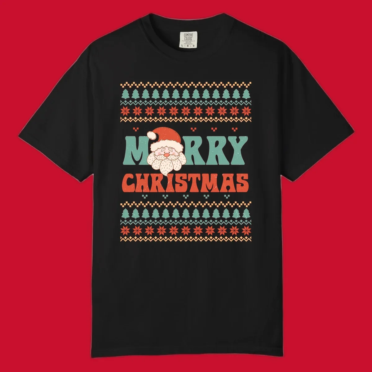 Retro Santa Claus illustration with 'Merry Christmas' text in a groovy font, on an ugly Christmas sweater pattern.