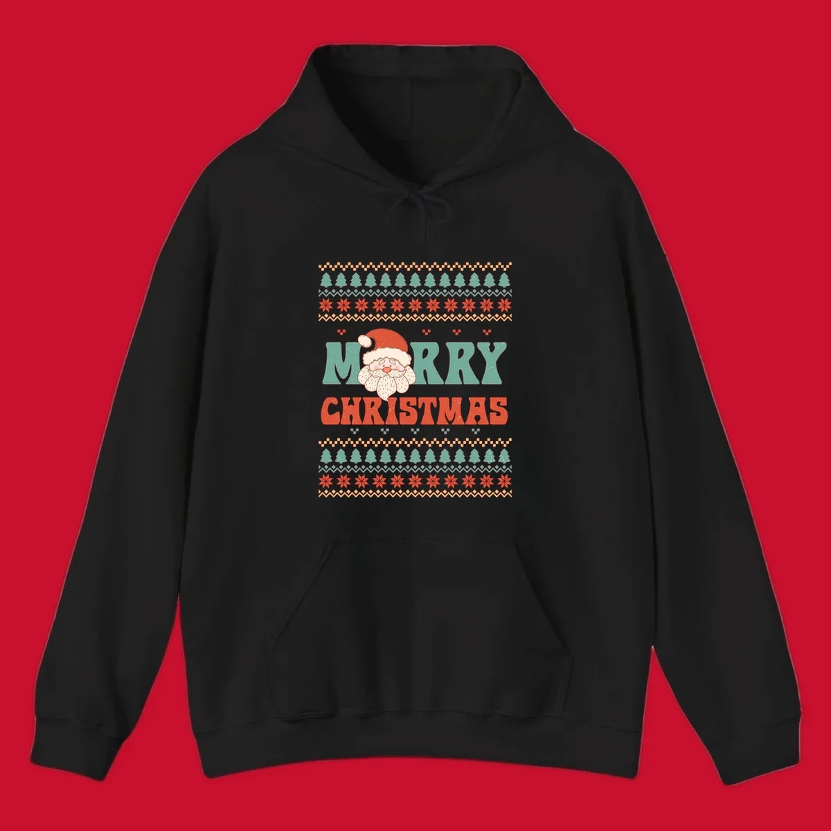 Retro Santa Claus illustration with 'Merry Christmas' text in a groovy font, on an ugly Christmas sweater pattern.