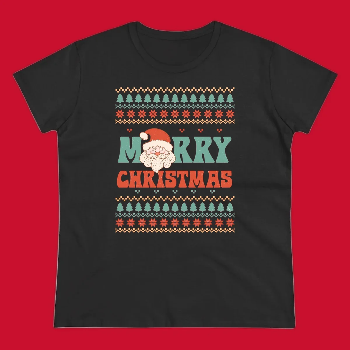 Retro Santa Claus illustration with 'Merry Christmas' text in a groovy font, on an ugly Christmas sweater pattern.