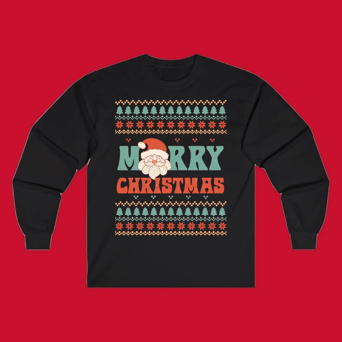 Retro Santa Claus illustration with 'Merry Christmas' text in a groovy font, on an ugly Christmas sweater pattern.