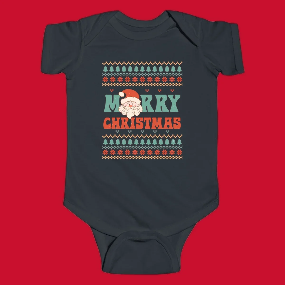 Retro Santa Claus illustration with 'Merry Christmas' text in a groovy font, on an ugly Christmas sweater pattern.