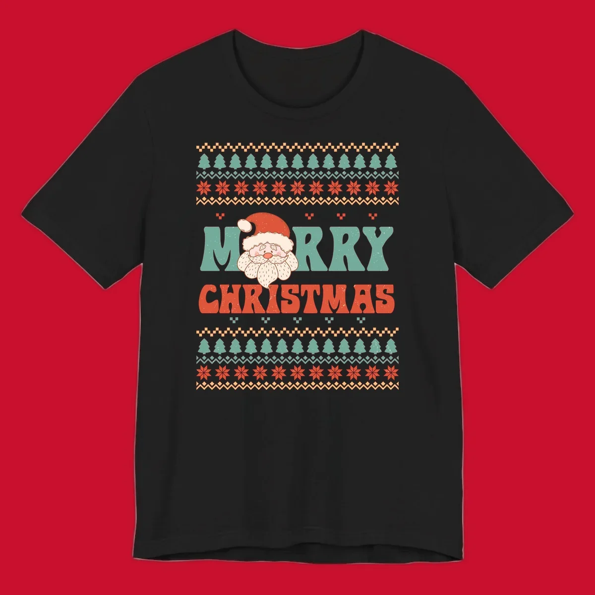 Retro Santa Claus illustration with 'Merry Christmas' text in a groovy font, on an ugly Christmas sweater pattern.