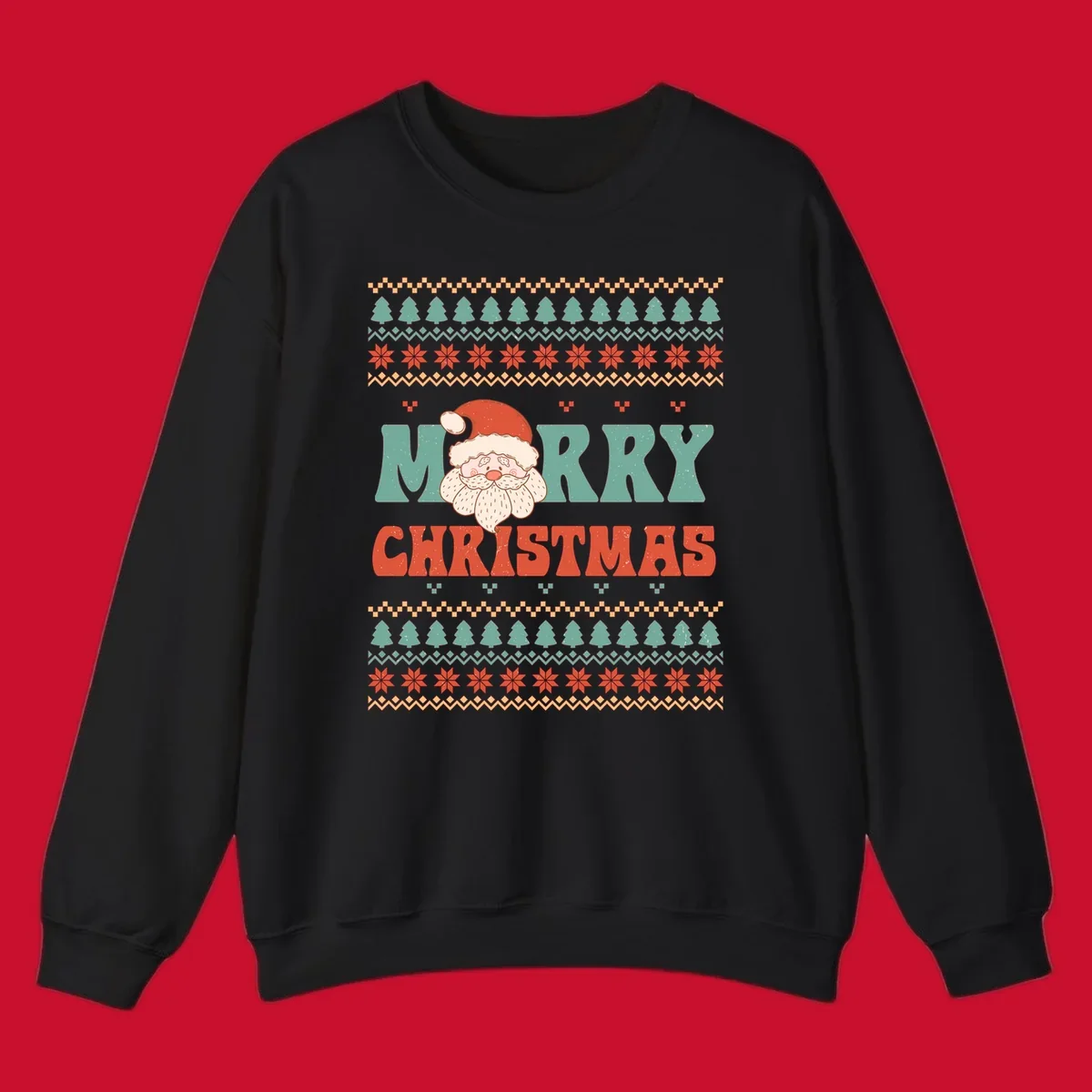 Retro Santa Claus illustration with 'Merry Christmas' text in a groovy font, on an ugly Christmas sweater pattern.