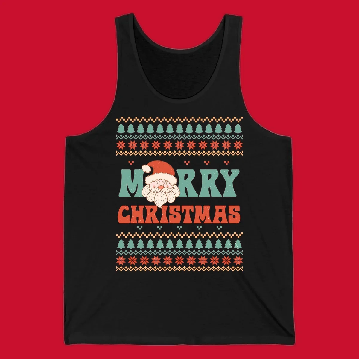 Retro Santa Claus illustration with 'Merry Christmas' text in a groovy font, on an ugly Christmas sweater pattern.