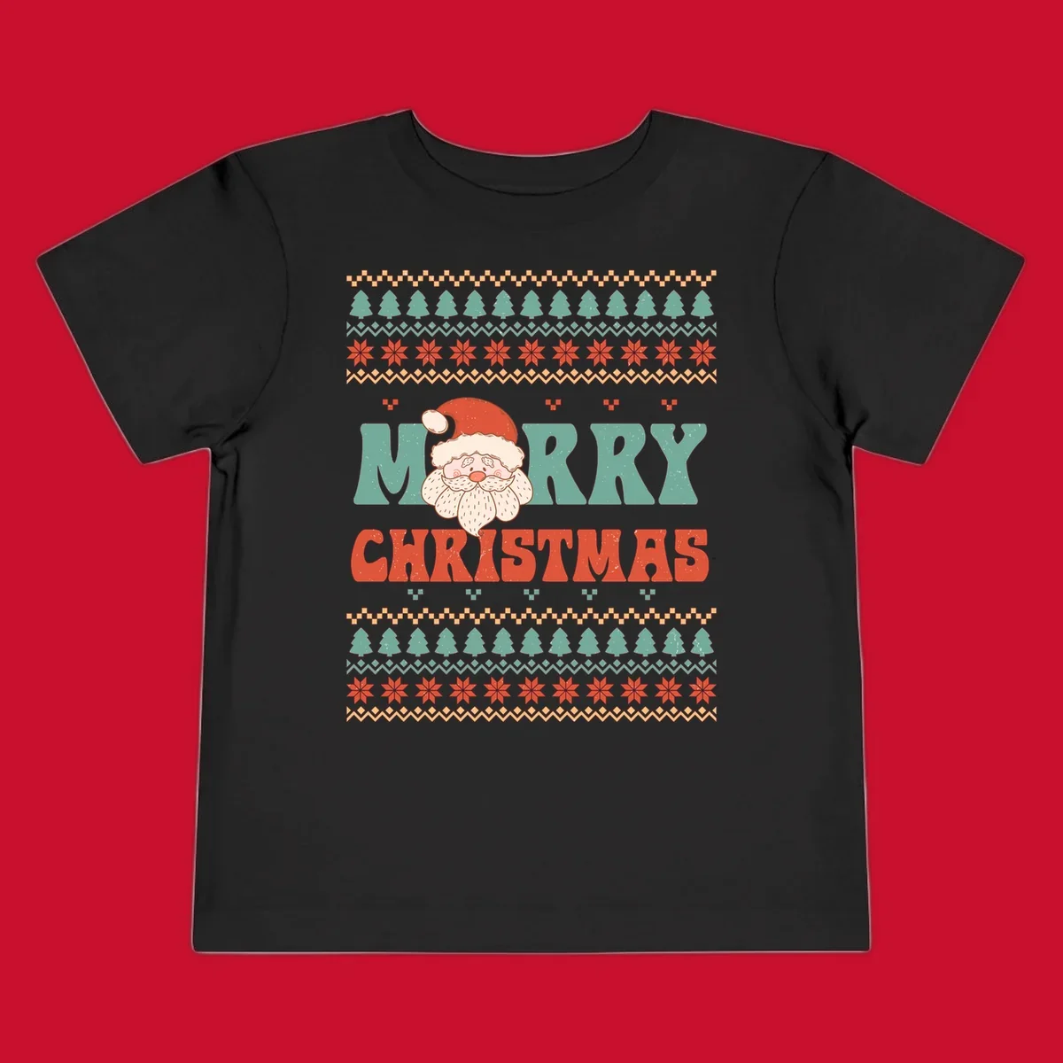 Retro Santa Claus illustration with 'Merry Christmas' text in a groovy font, on an ugly Christmas sweater pattern.