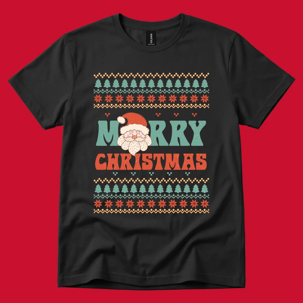 Retro Santa Claus illustration with 'Merry Christmas' text in a groovy font, on an ugly Christmas sweater pattern.