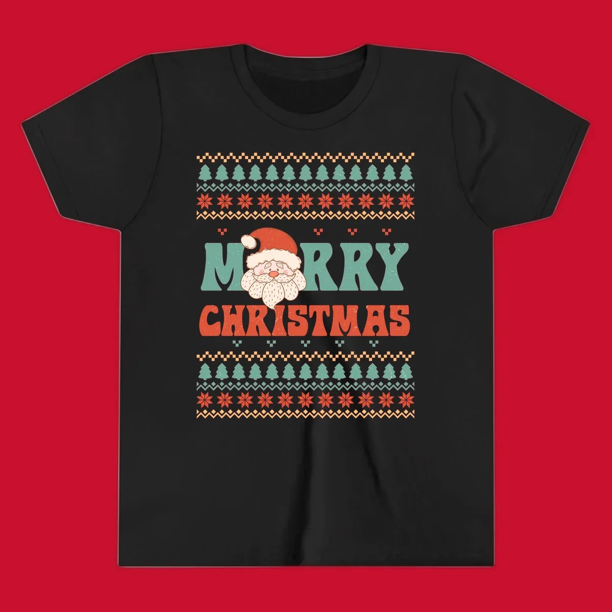 Retro Santa Claus illustration with 'Merry Christmas' text in a groovy font, on an ugly Christmas sweater pattern.