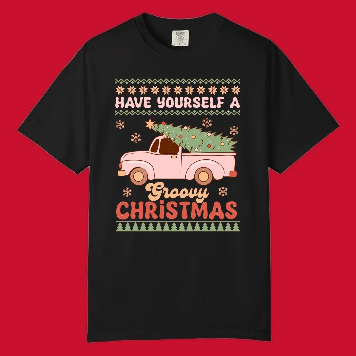 Groovy Christmas truck with tree on ugly sweater pattern