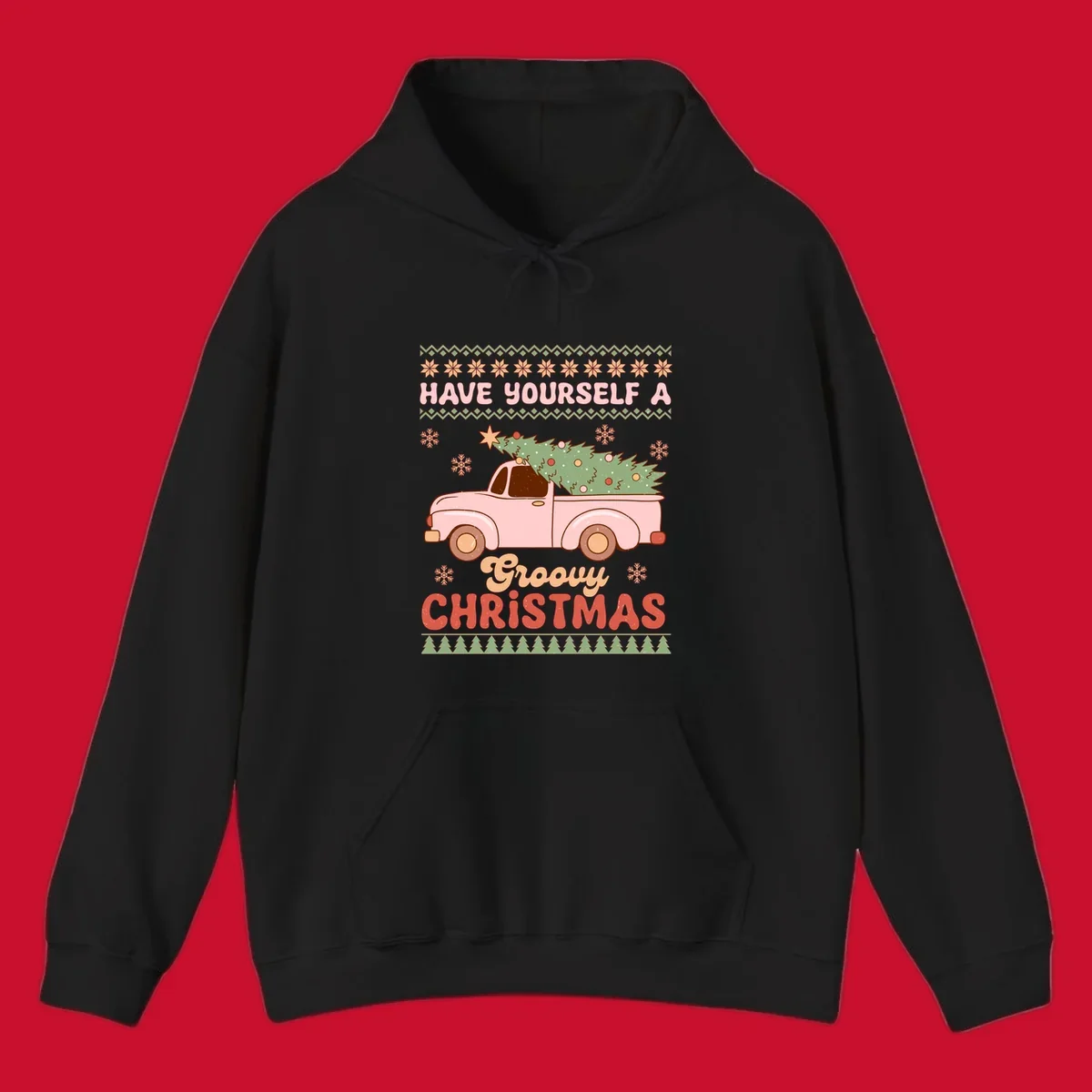 Groovy Christmas truck with tree on ugly sweater pattern