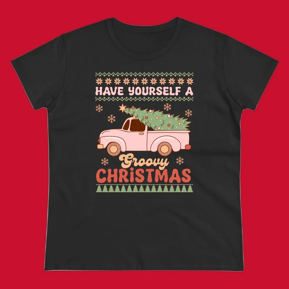 Groovy Christmas truck with tree on ugly sweater pattern