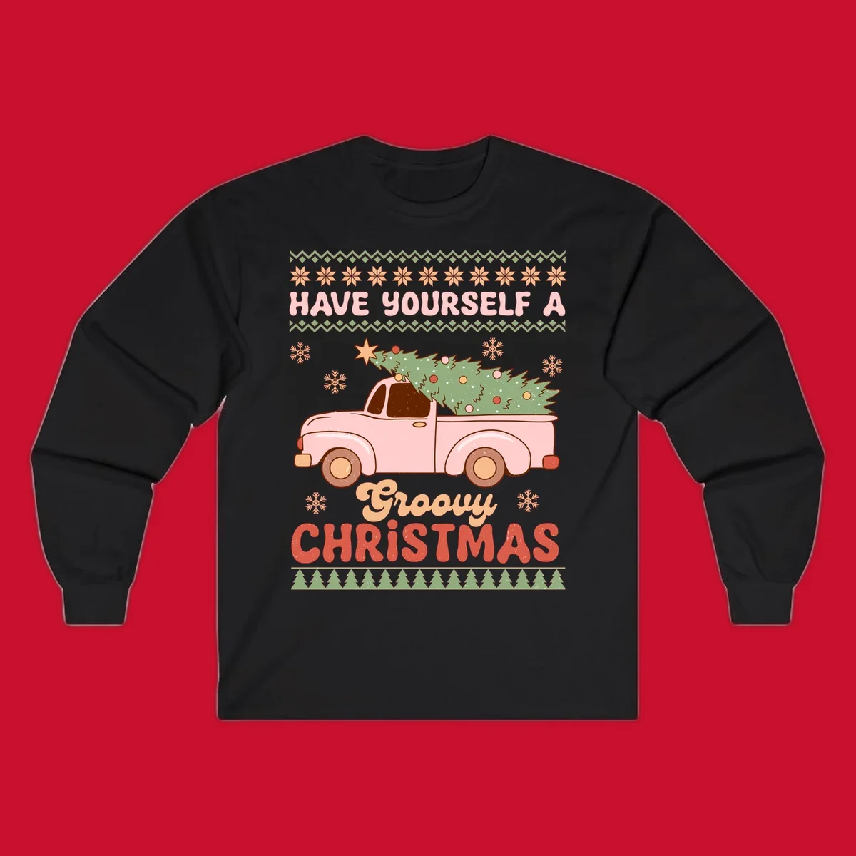 Groovy Christmas truck with tree on ugly sweater pattern