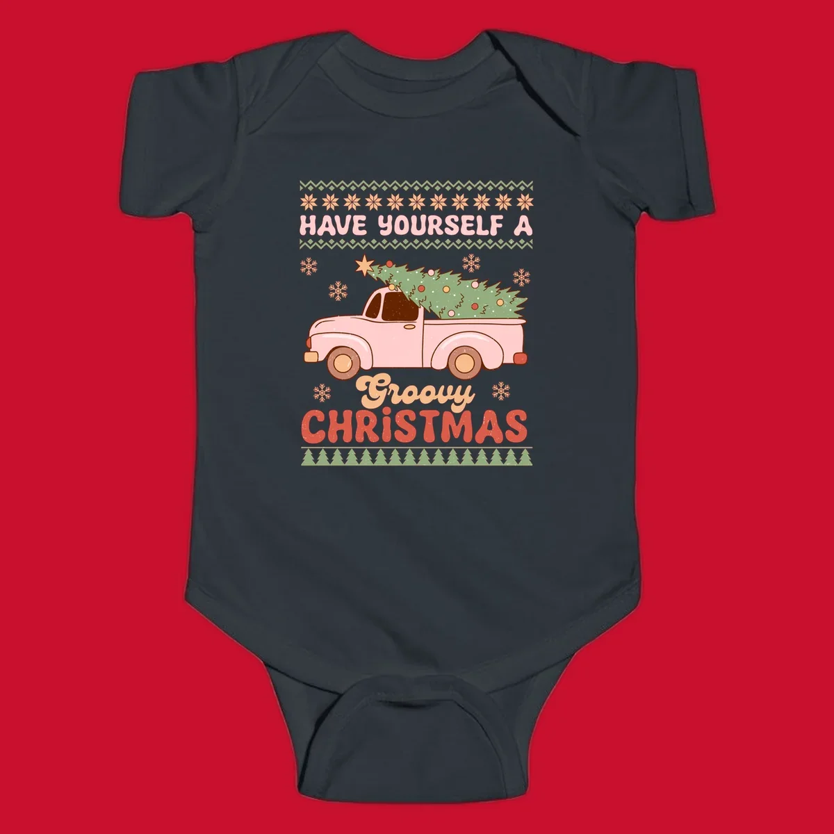 Groovy Christmas truck with tree on ugly sweater pattern
