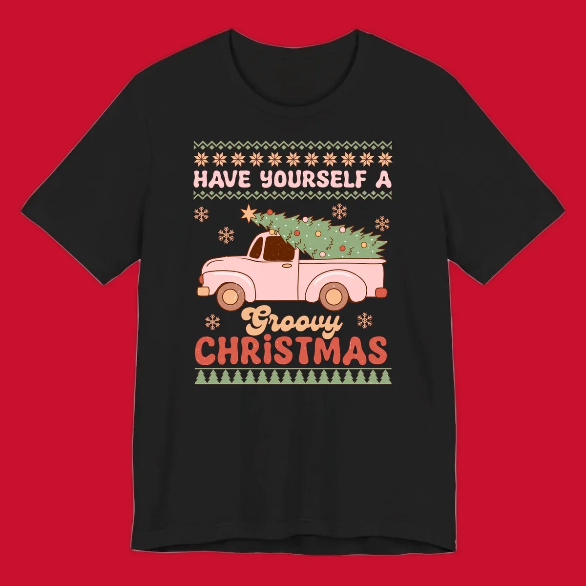 Groovy Christmas truck with tree on ugly sweater pattern