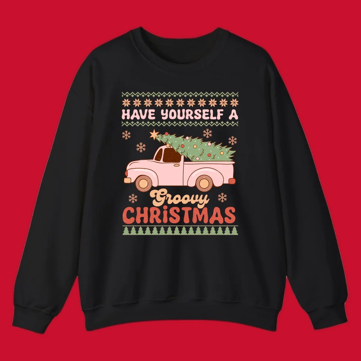 Groovy Christmas truck with tree on ugly sweater pattern