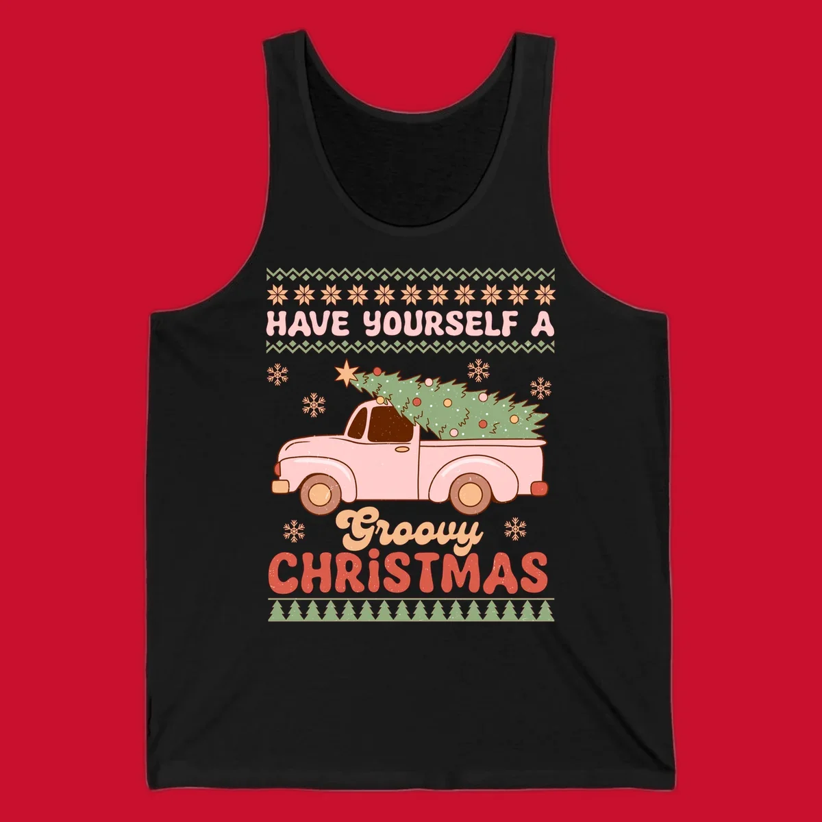 Groovy Christmas truck with tree on ugly sweater pattern