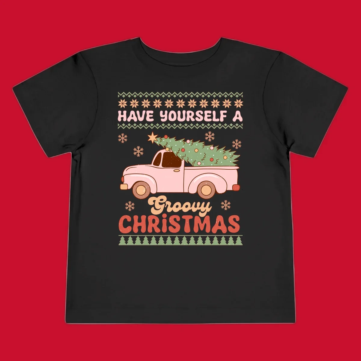 Groovy Christmas truck with tree on ugly sweater pattern
