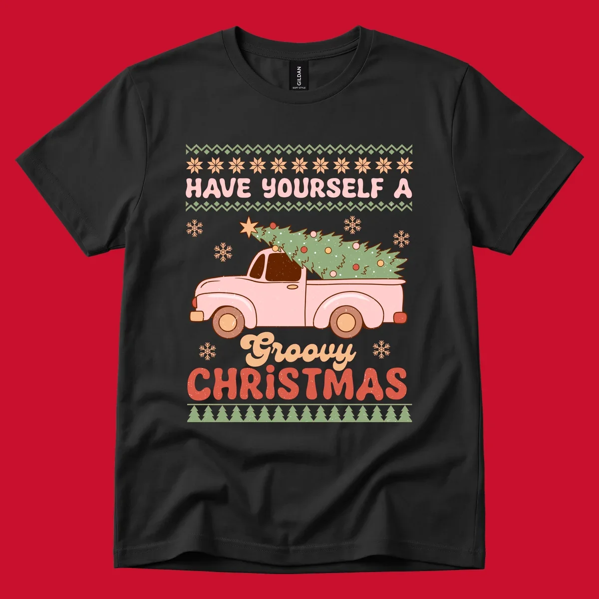 Groovy Christmas truck with tree on ugly sweater pattern