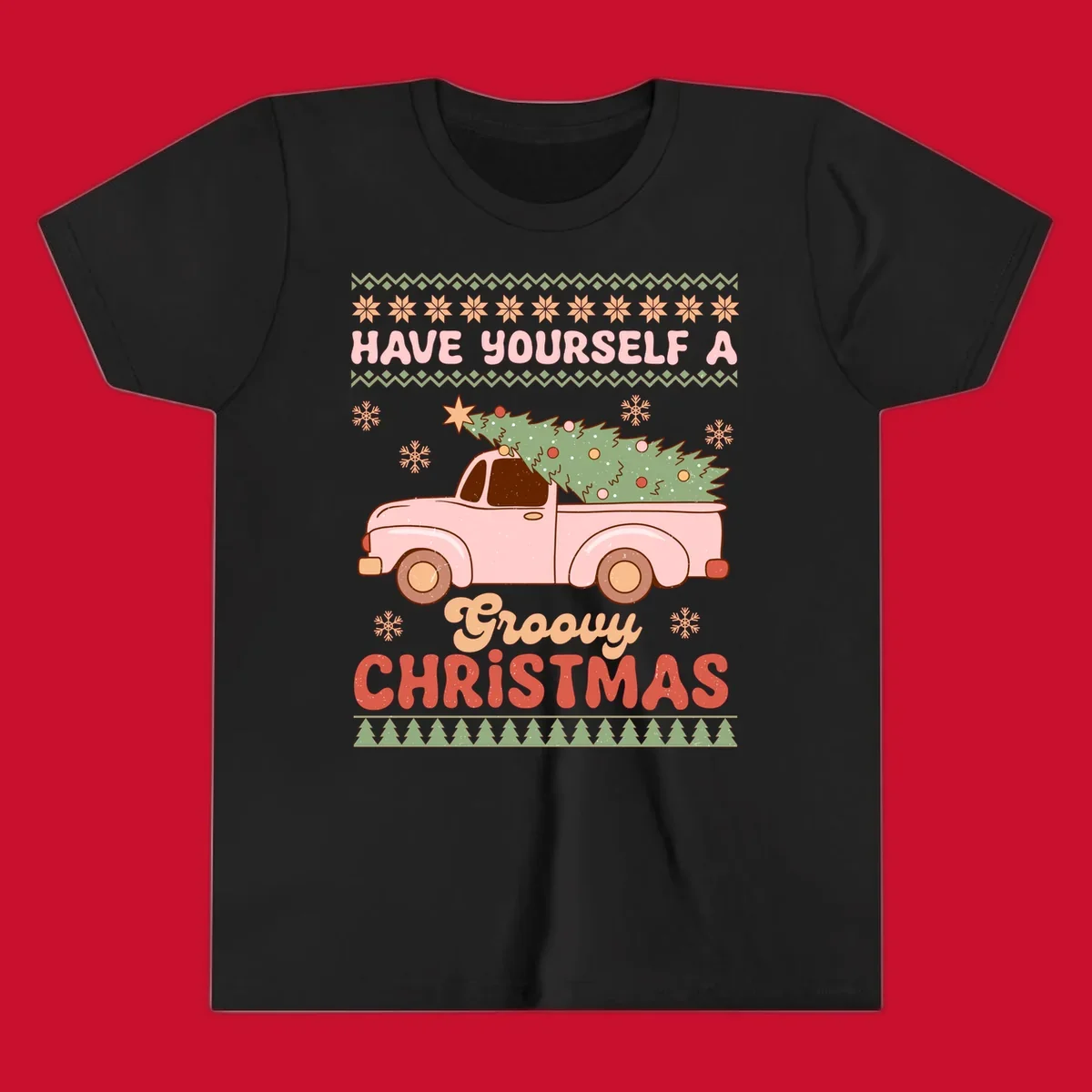 Groovy Christmas truck with tree on ugly sweater pattern