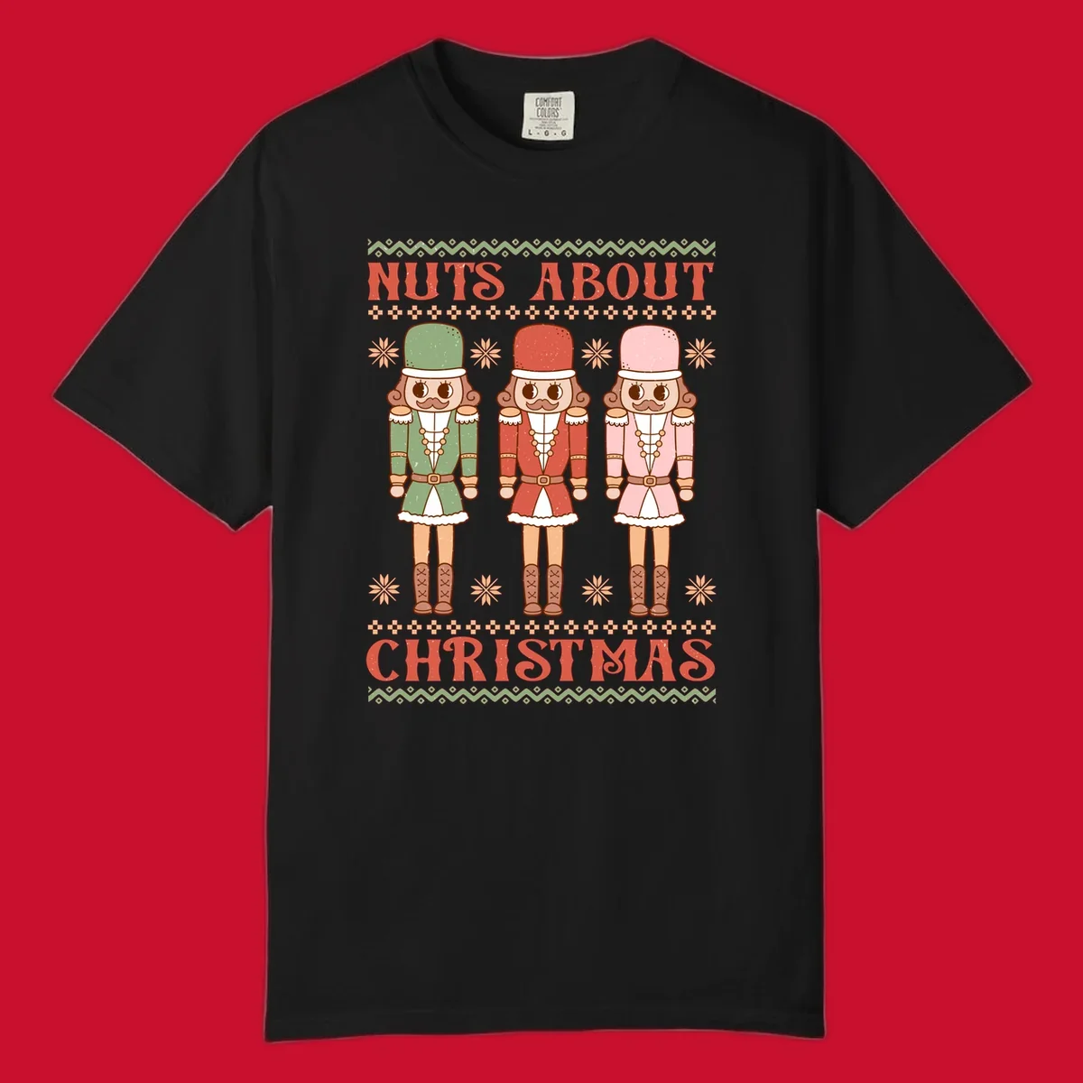 Illustration of three colorful nutcracker soldiers with text 'NUTS ABOUT CHRISTMAS' for Christmas nutcrackers design.