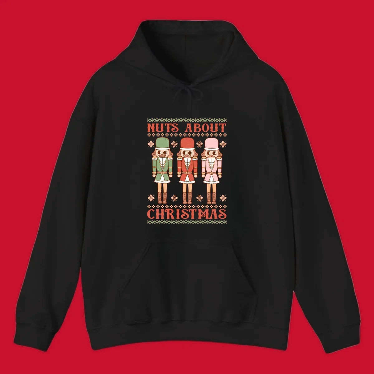 Illustration of three colorful nutcracker soldiers with text 'NUTS ABOUT CHRISTMAS' for Christmas nutcrackers design.