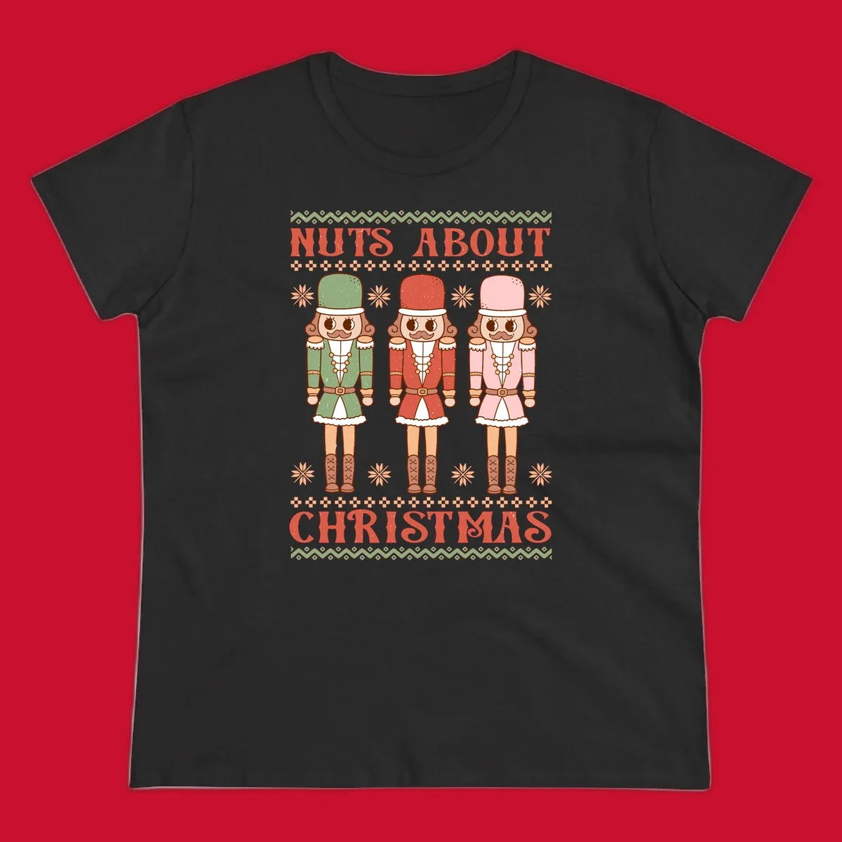 Illustration of three colorful nutcracker soldiers with text 'NUTS ABOUT CHRISTMAS' for Christmas nutcrackers design.