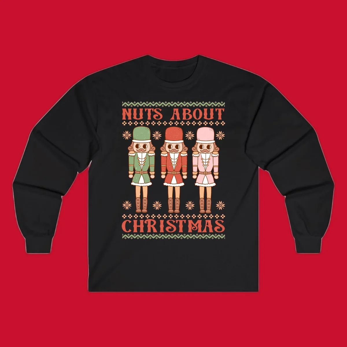 Illustration of three colorful nutcracker soldiers with text 'NUTS ABOUT CHRISTMAS' for Christmas nutcrackers design.
