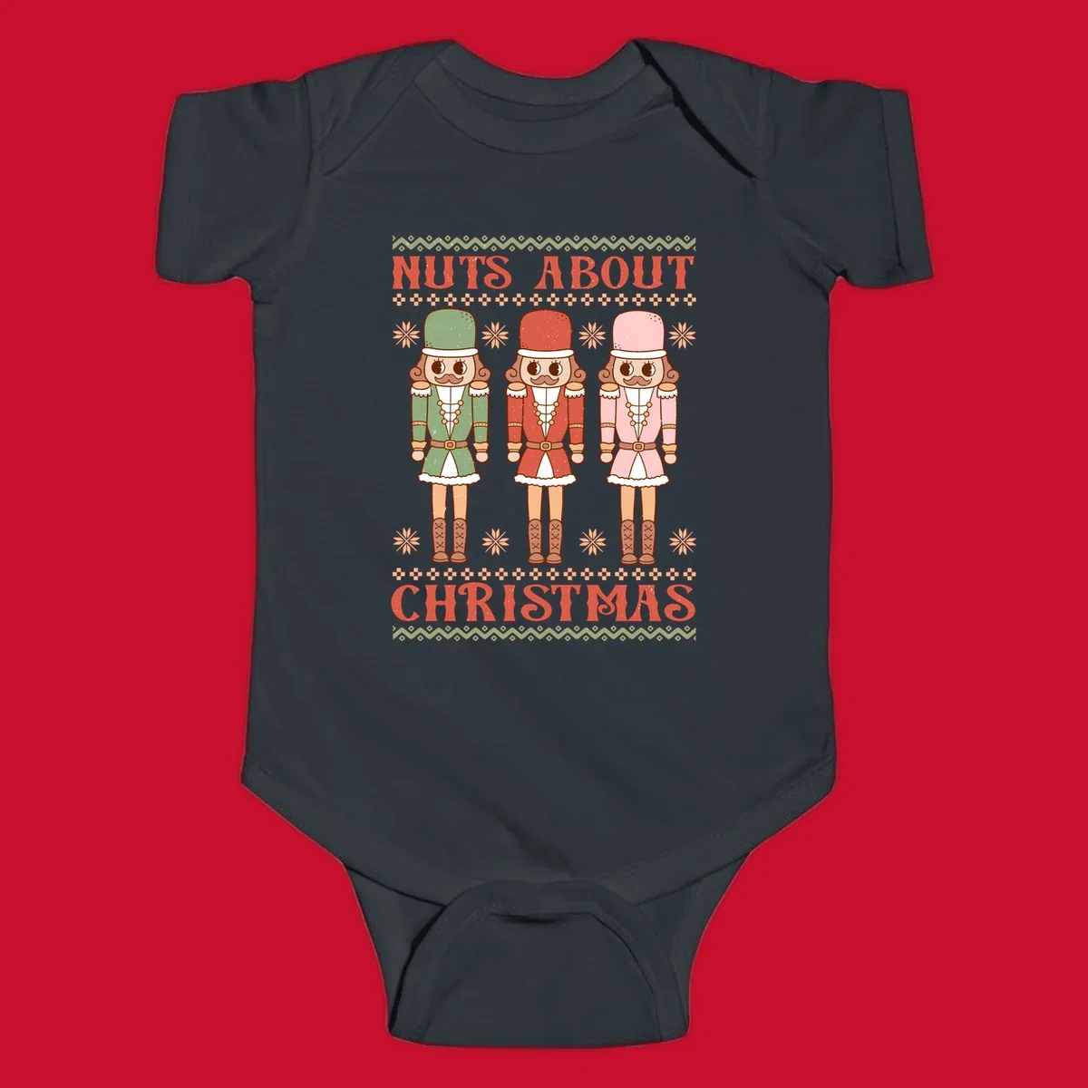 Illustration of three colorful nutcracker soldiers with text 'NUTS ABOUT CHRISTMAS' for Christmas nutcrackers design.