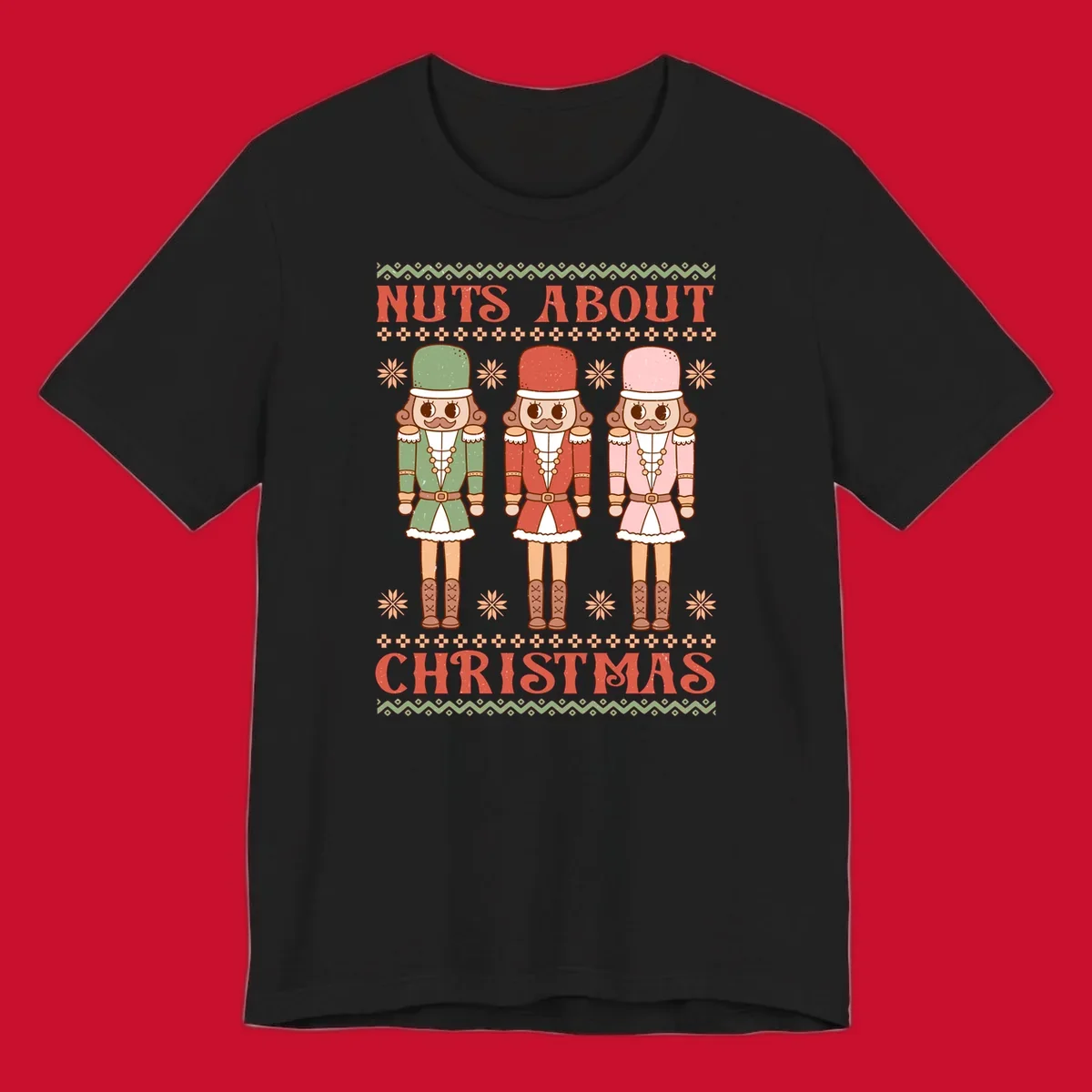 Illustration of three colorful nutcracker soldiers with text 'NUTS ABOUT CHRISTMAS' for Christmas nutcrackers design.