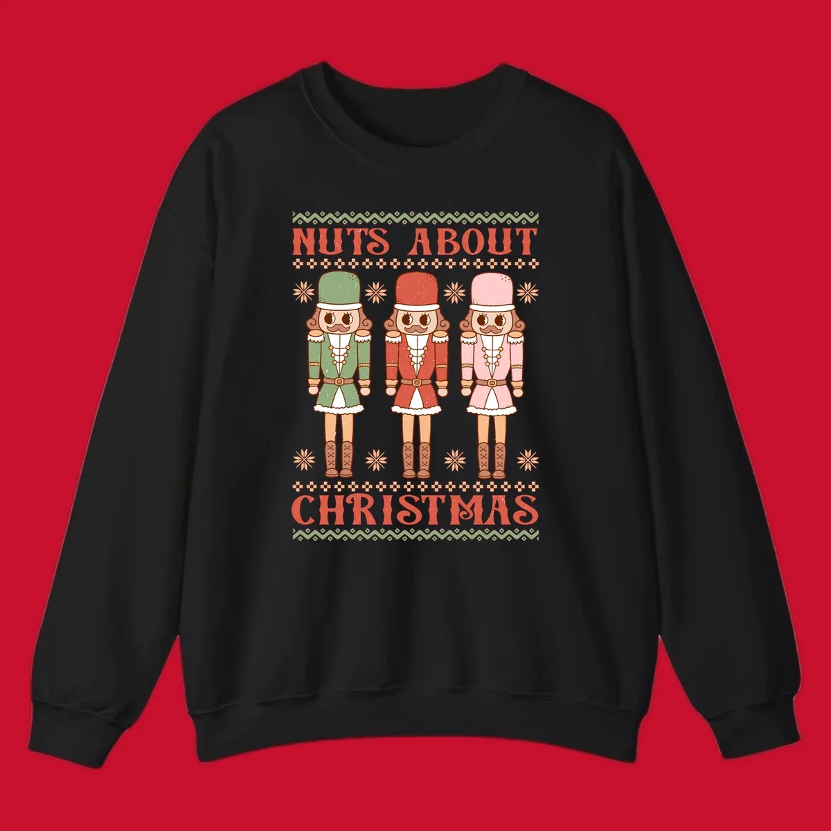 Illustration of three colorful nutcracker soldiers with text 'NUTS ABOUT CHRISTMAS' for Christmas nutcrackers design.