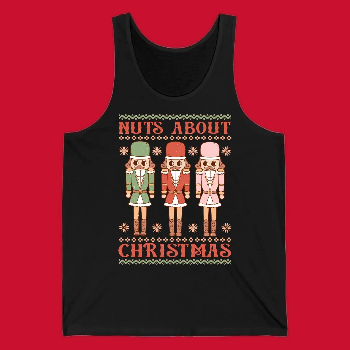 Illustration of three colorful nutcracker soldiers with text 'NUTS ABOUT CHRISTMAS' for Christmas nutcrackers design.