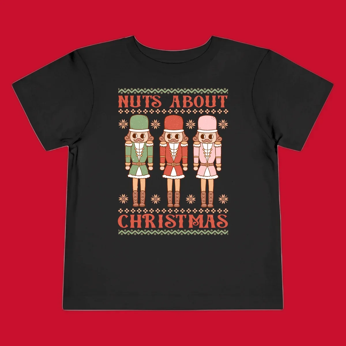 Illustration of three colorful nutcracker soldiers with text 'NUTS ABOUT CHRISTMAS' for Christmas nutcrackers design.