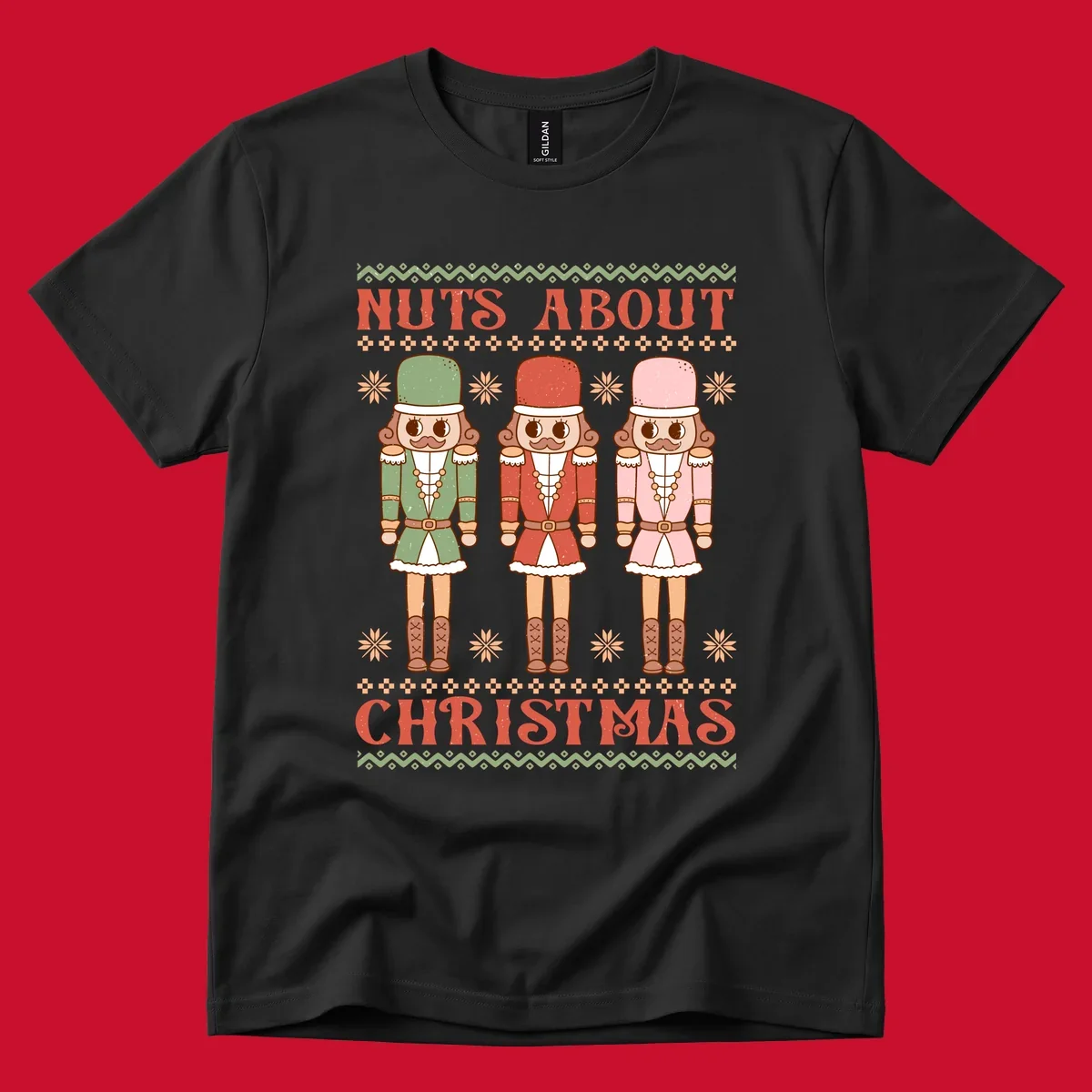 Illustration of three colorful nutcracker soldiers with text 'NUTS ABOUT CHRISTMAS' for Christmas nutcrackers design.