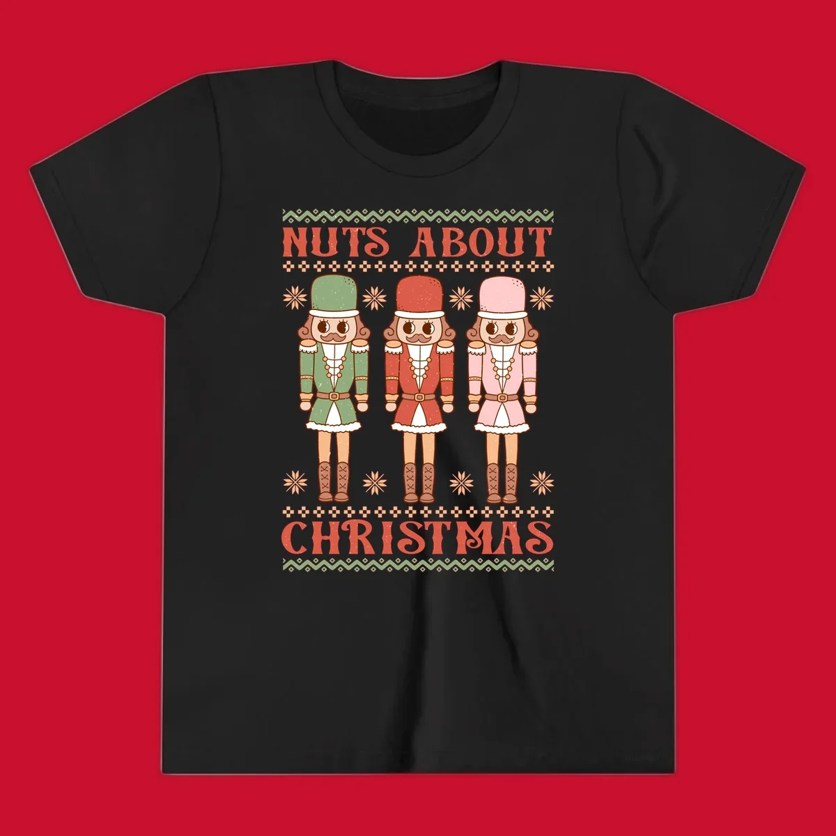 Illustration of three colorful nutcracker soldiers with text 'NUTS ABOUT CHRISTMAS' for Christmas nutcrackers design.