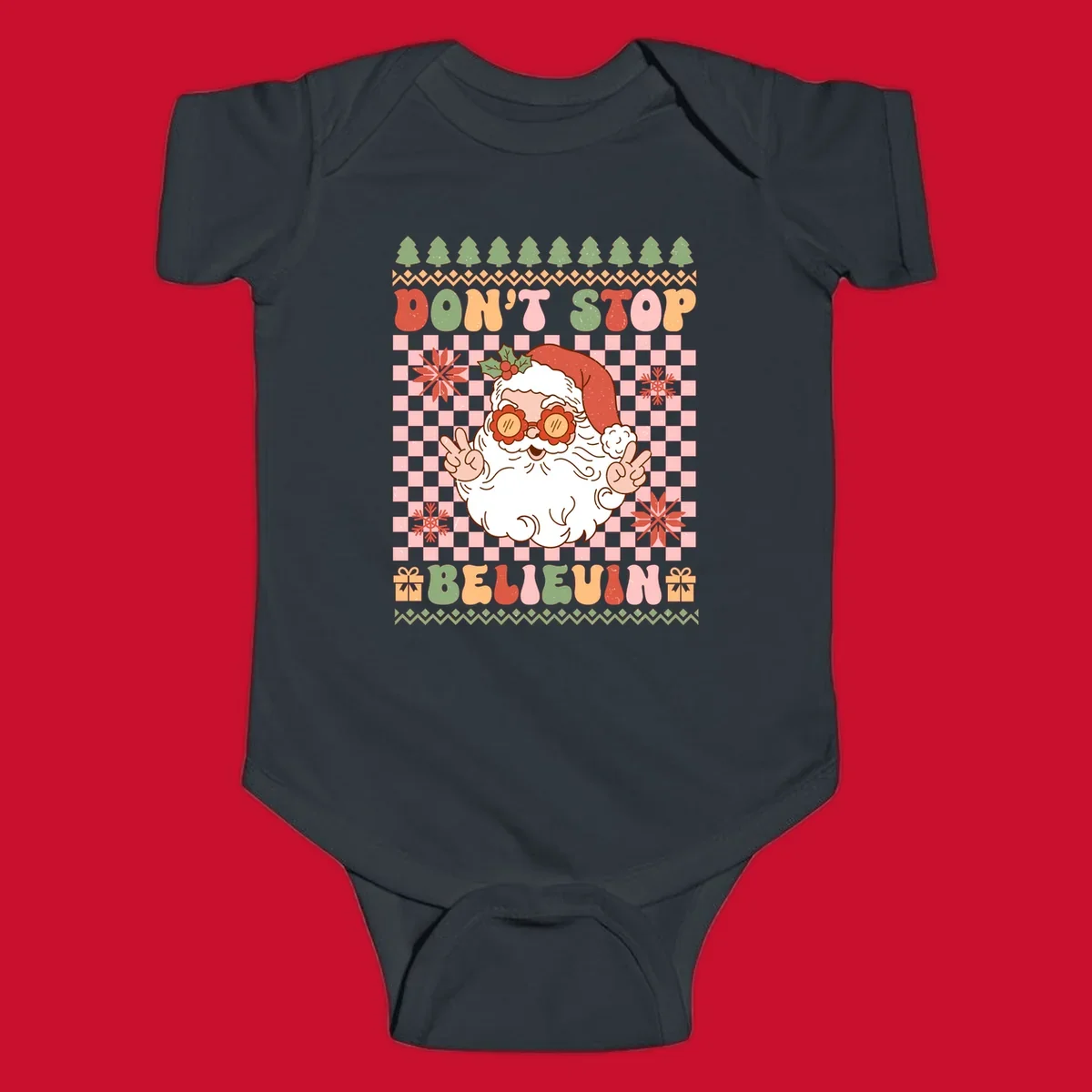 Retro Santa Claus with peace signs and sunglasses, text 'DON'T STOP BELIEVIN''.