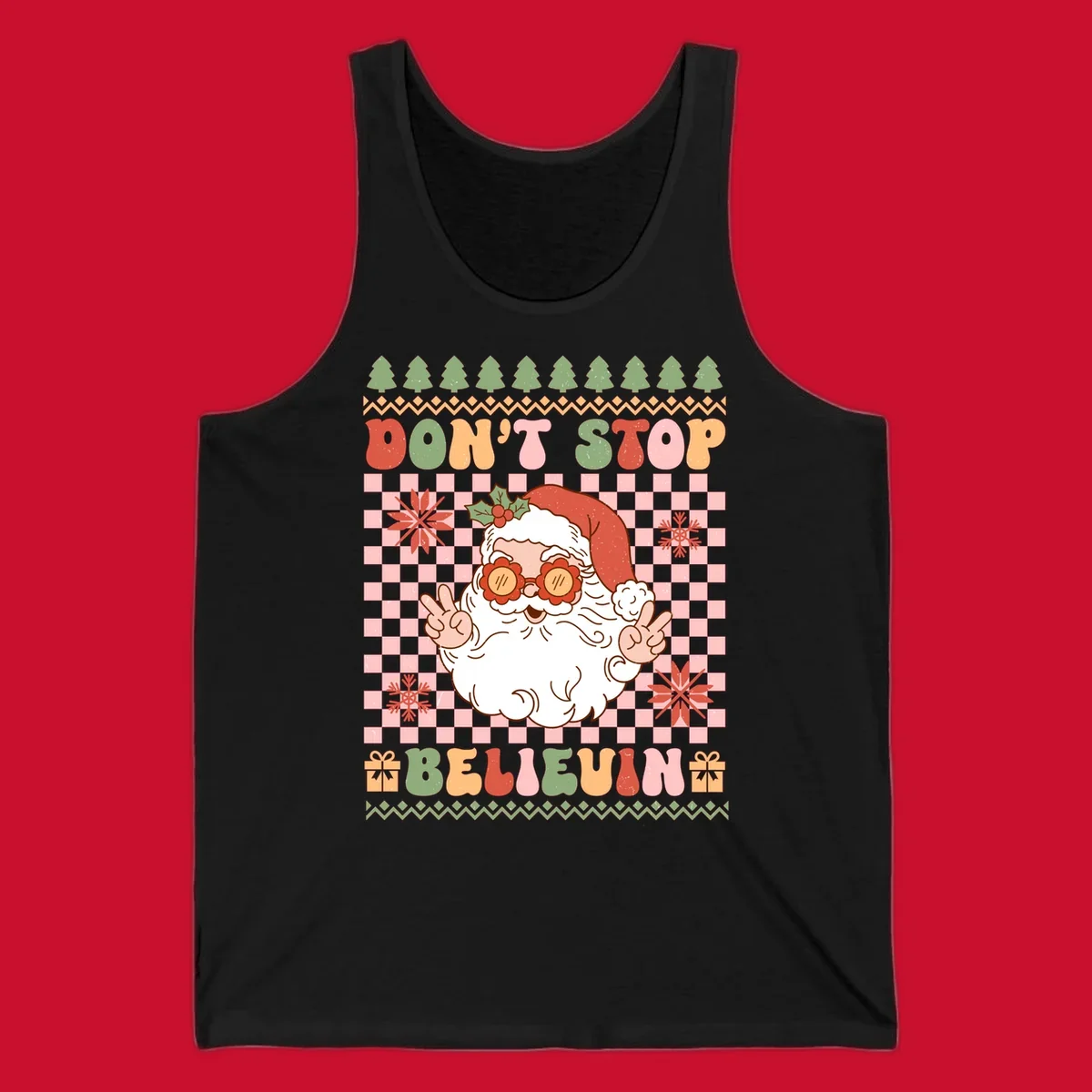 Retro Santa Claus with peace signs and sunglasses, text 'DON'T STOP BELIEVIN''.
