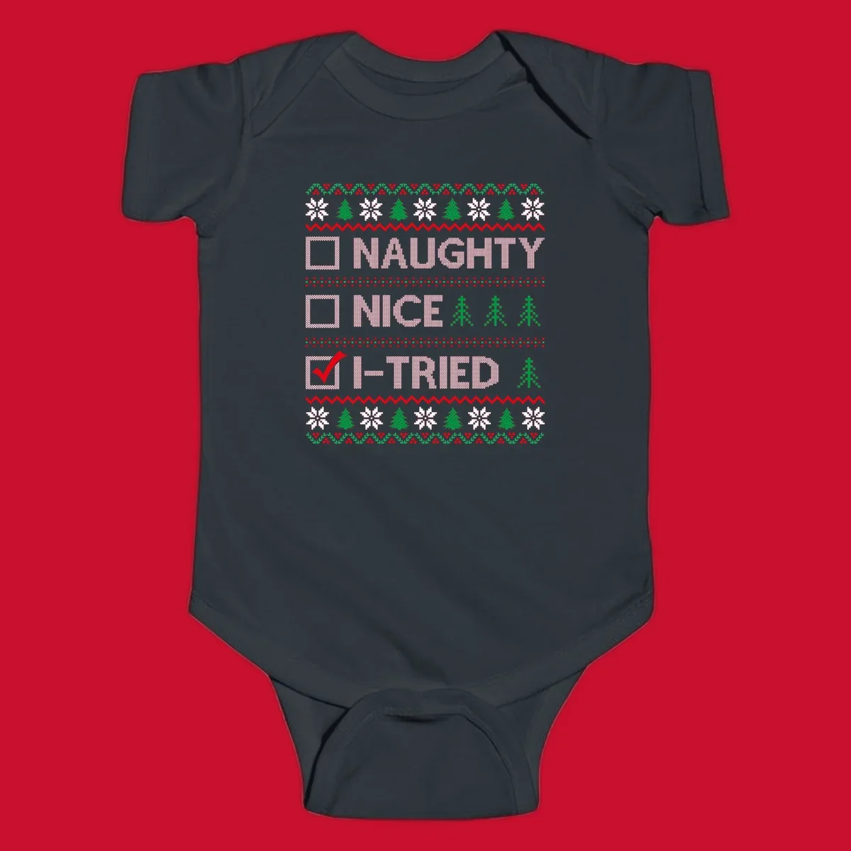 Christmas checklist design with options Naughty, Nice, and I-Tried, with I-Tried checked.