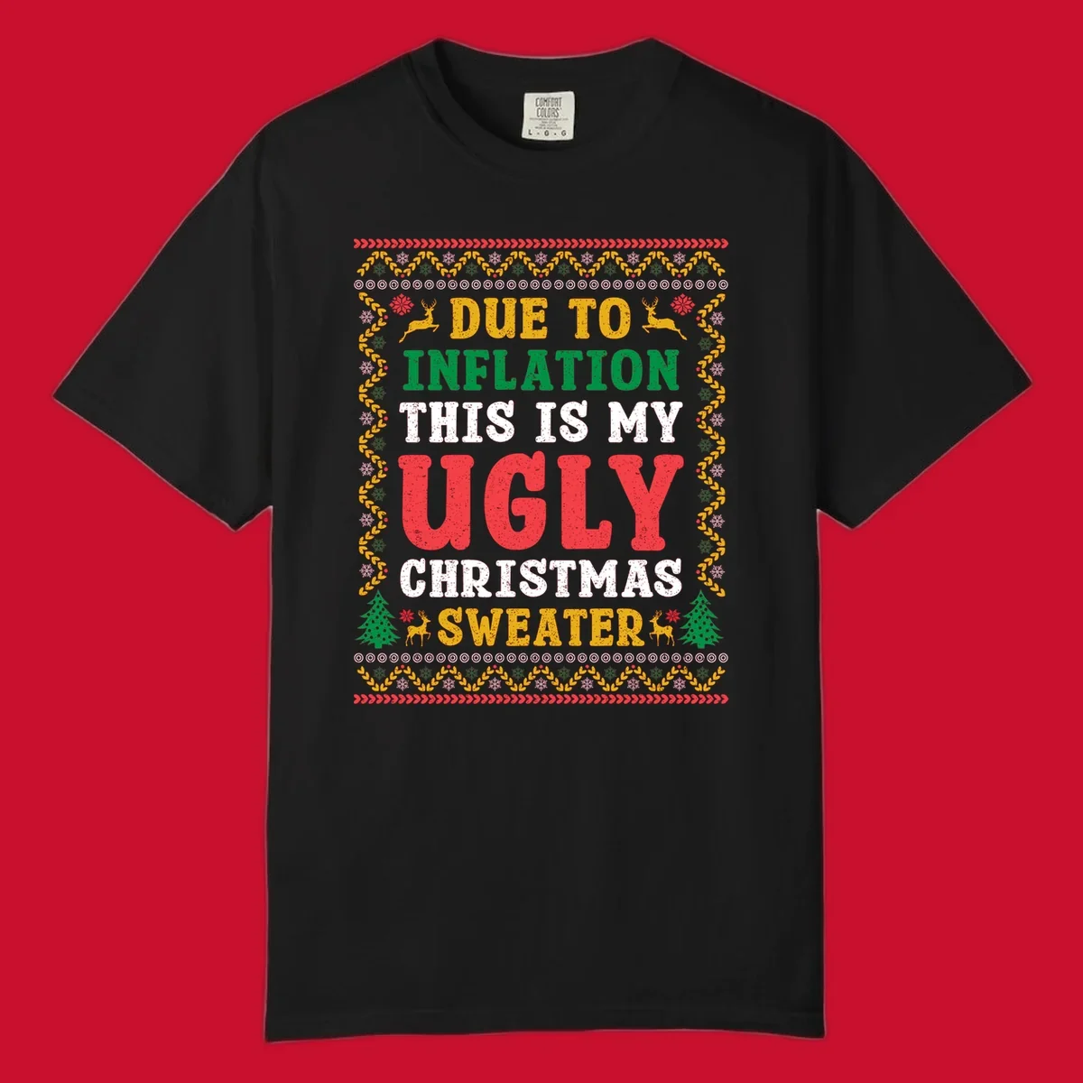 Ugly Christmas sweater design with text about inflation, featuring holiday graphics.