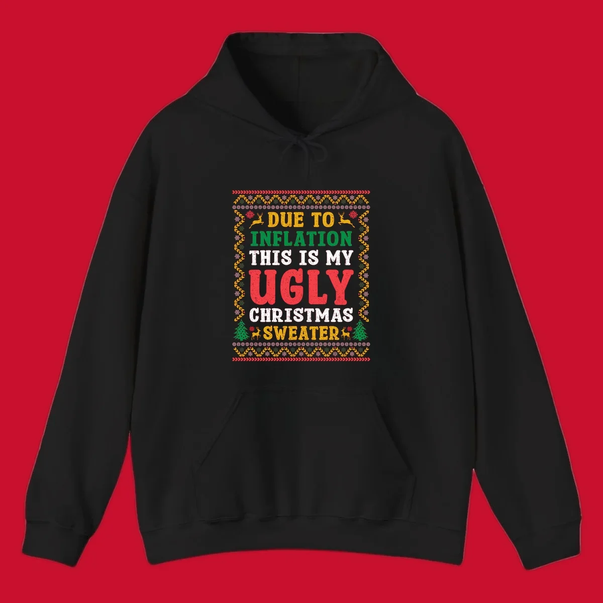 Ugly Christmas sweater design with text about inflation, featuring holiday graphics.