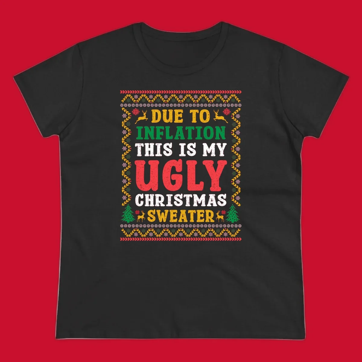 Ugly Christmas sweater design with text about inflation, featuring holiday graphics.