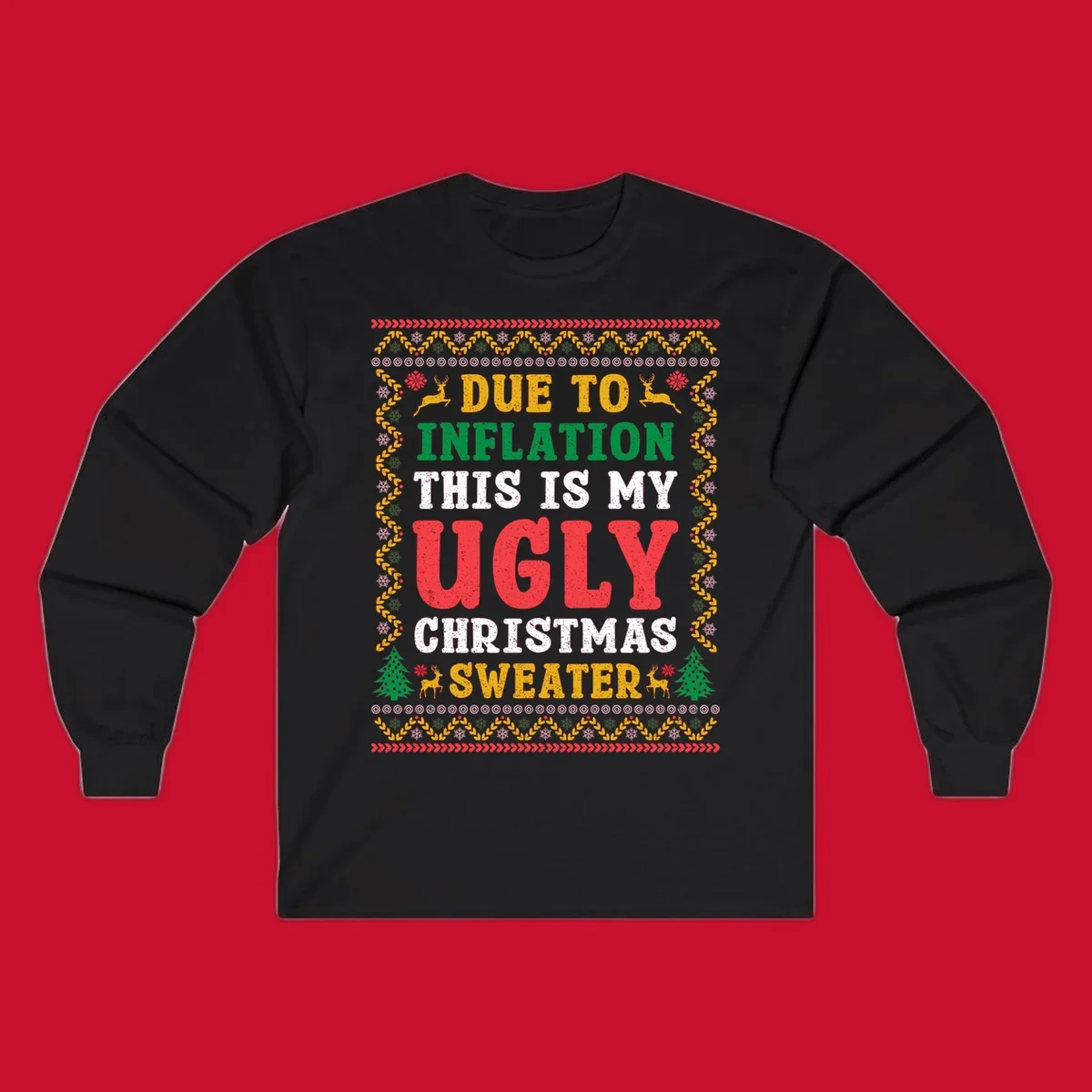 Ugly Christmas sweater design with text about inflation, featuring holiday graphics.