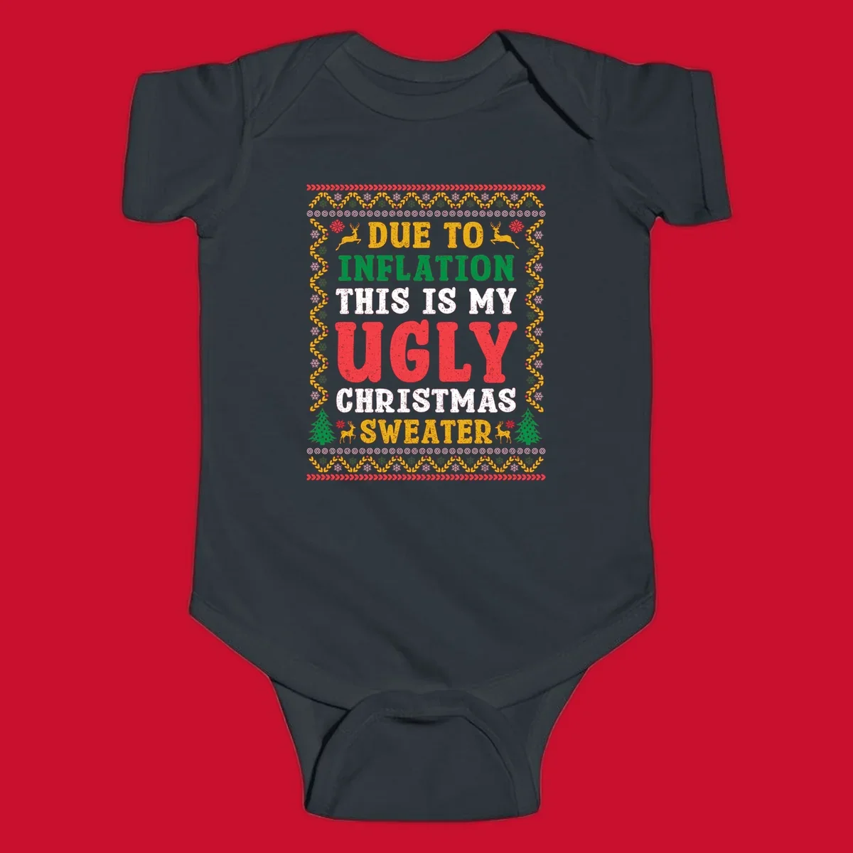 Ugly Christmas sweater design with text about inflation, featuring holiday graphics.