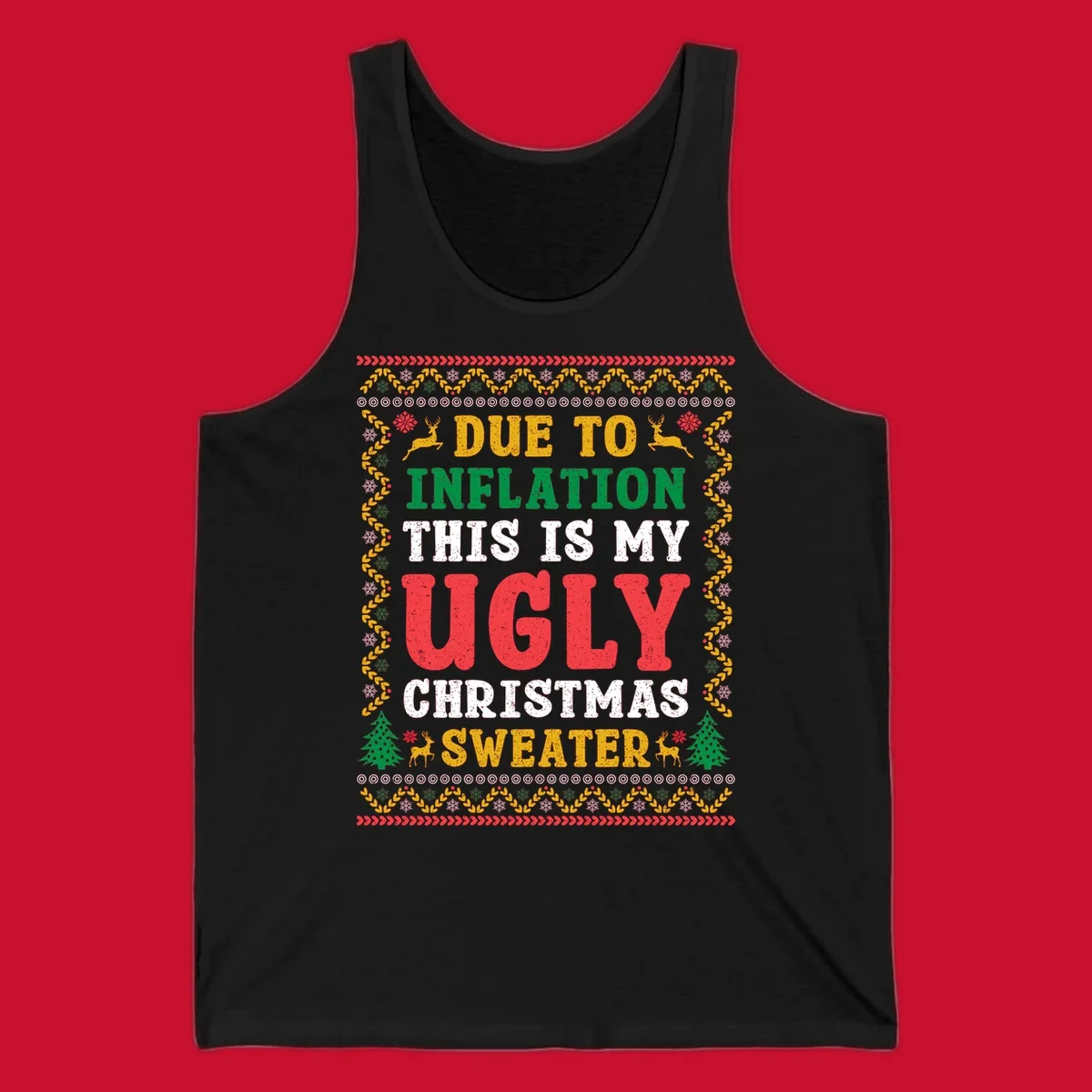 Ugly Christmas sweater design with text about inflation, featuring holiday graphics.