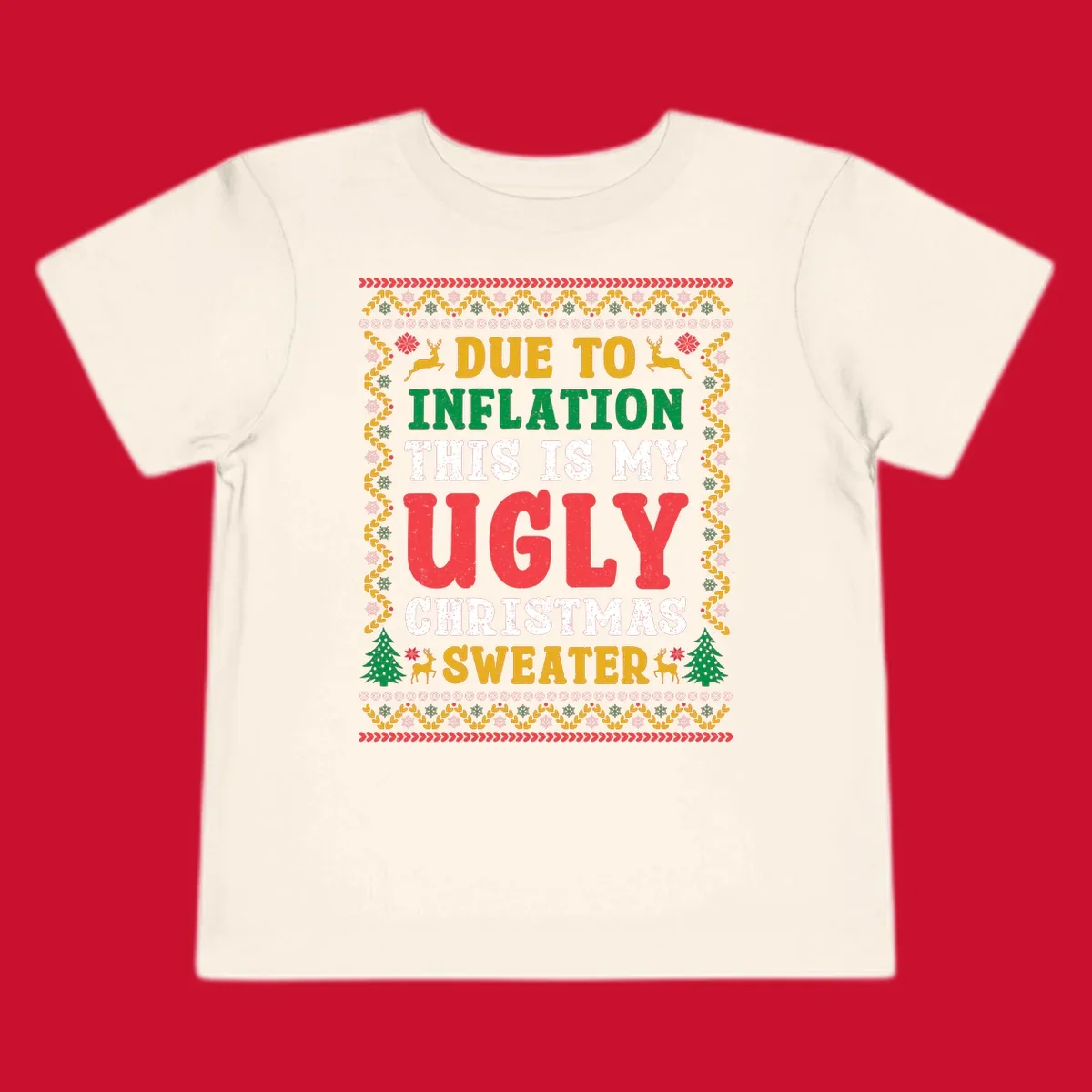 Ugly Christmas sweater design with text about inflation, featuring holiday graphics.