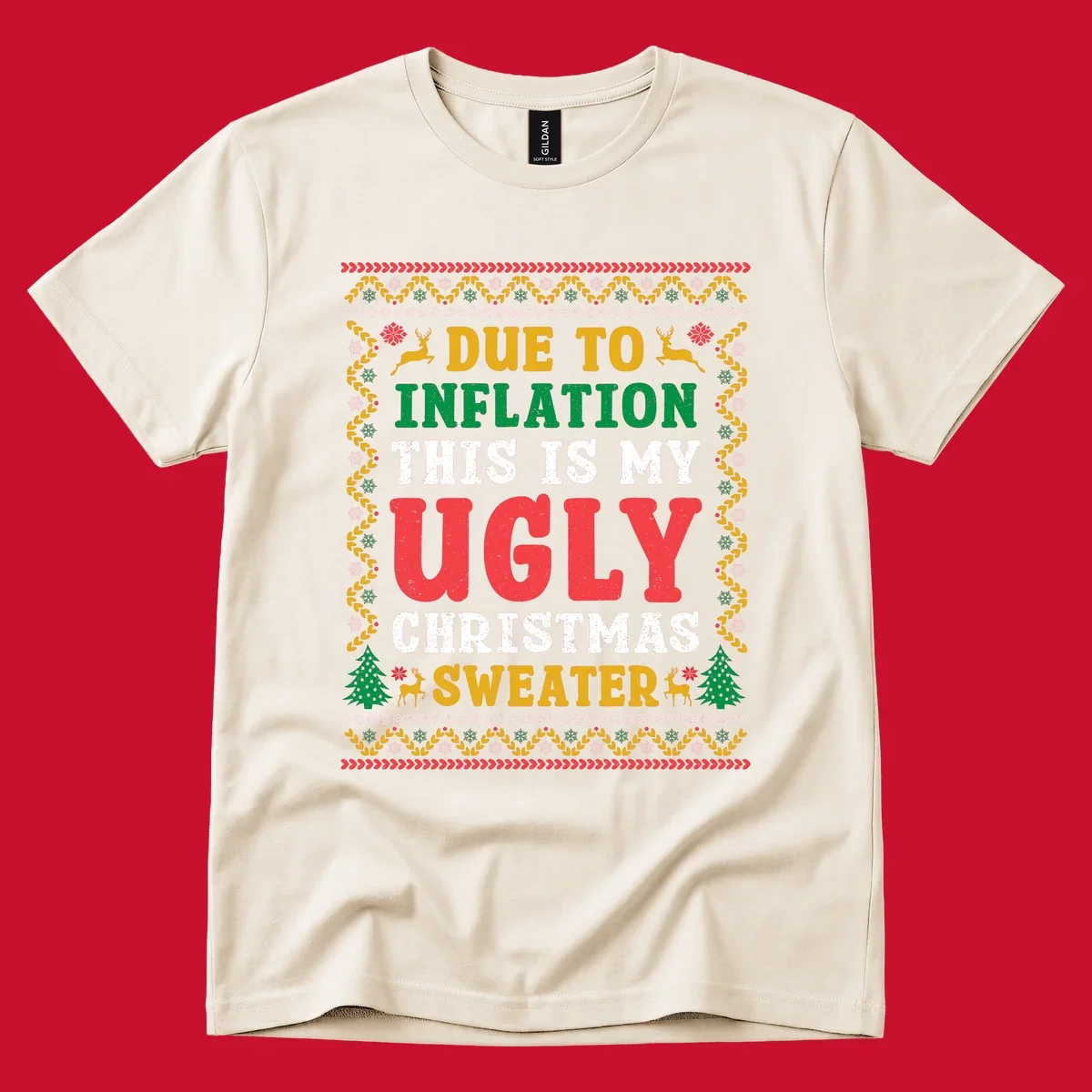 Ugly Christmas sweater design with text about inflation, featuring holiday graphics.