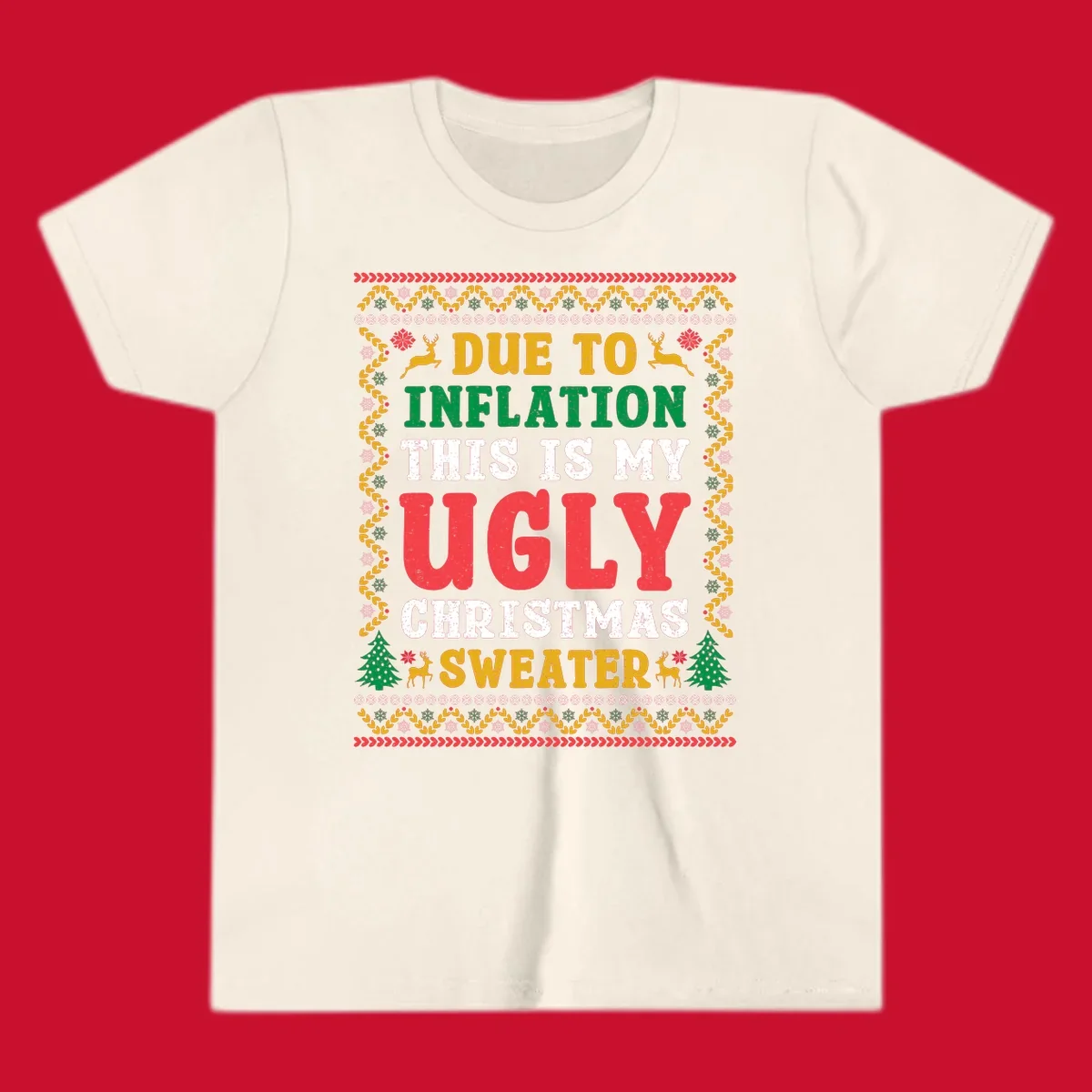 Ugly Christmas sweater design with text about inflation, featuring holiday graphics.