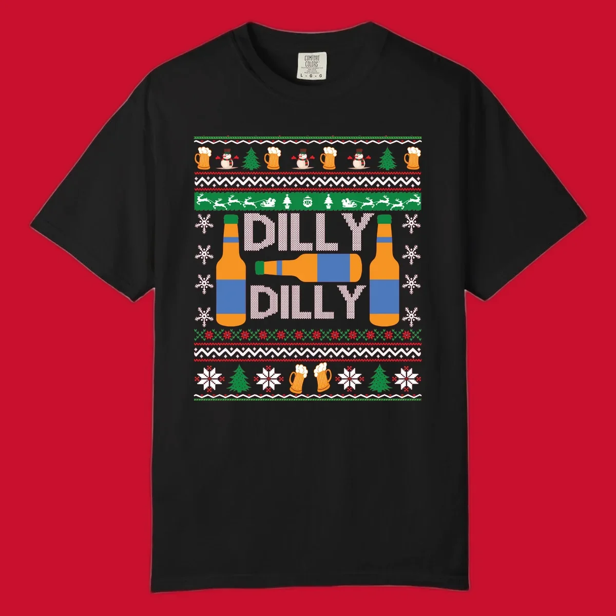 Ugly Christmas sweater design with beer bottles and Dilly Dilly text.