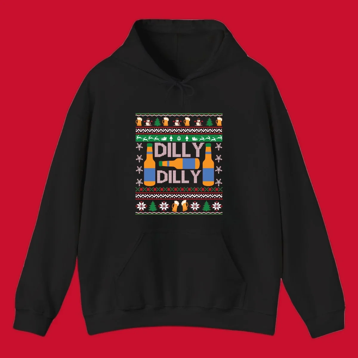Ugly Christmas sweater design with beer bottles and Dilly Dilly text.