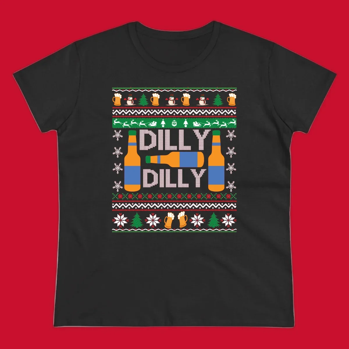 Ugly Christmas sweater design with beer bottles and Dilly Dilly text.