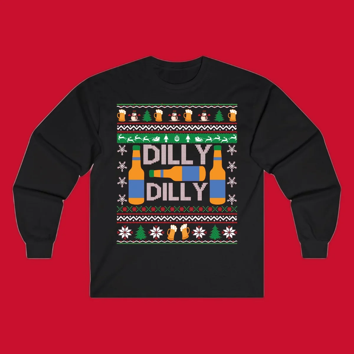 Ugly Christmas sweater design with beer bottles and Dilly Dilly text.